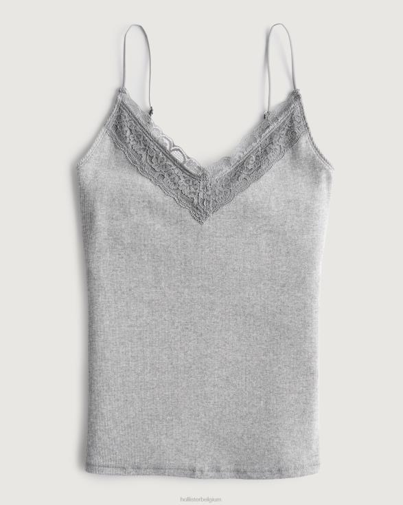 kanten rand geribbelde V-hals cami licht grijs gemêleerd vrouwen Hollister toppen 06JX407