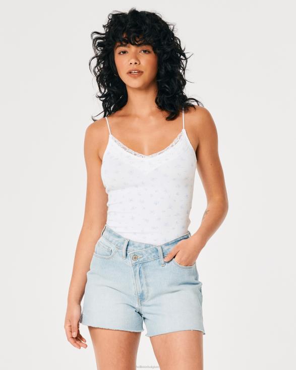 kanten rand geribbelde V-hals cami witte bloemen vrouwen Hollister toppen 06JX304