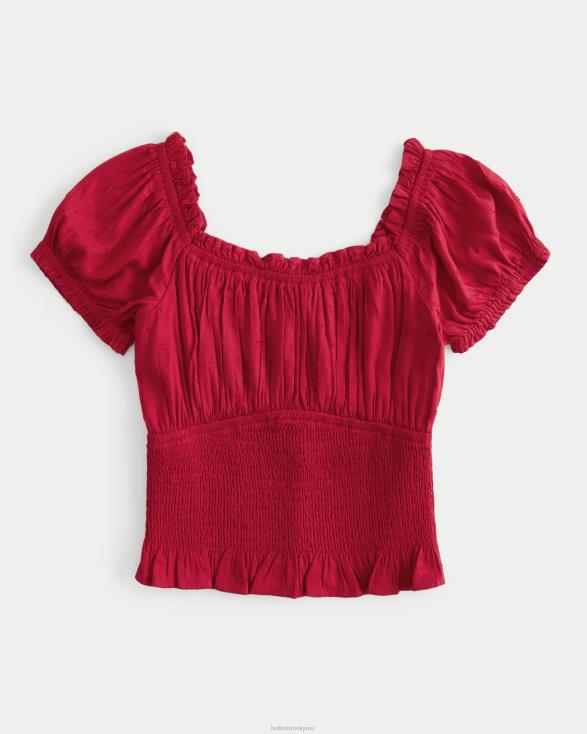 on of off-shoulder gesmokte taille top rood vrouwen Hollister toppen 06JX184