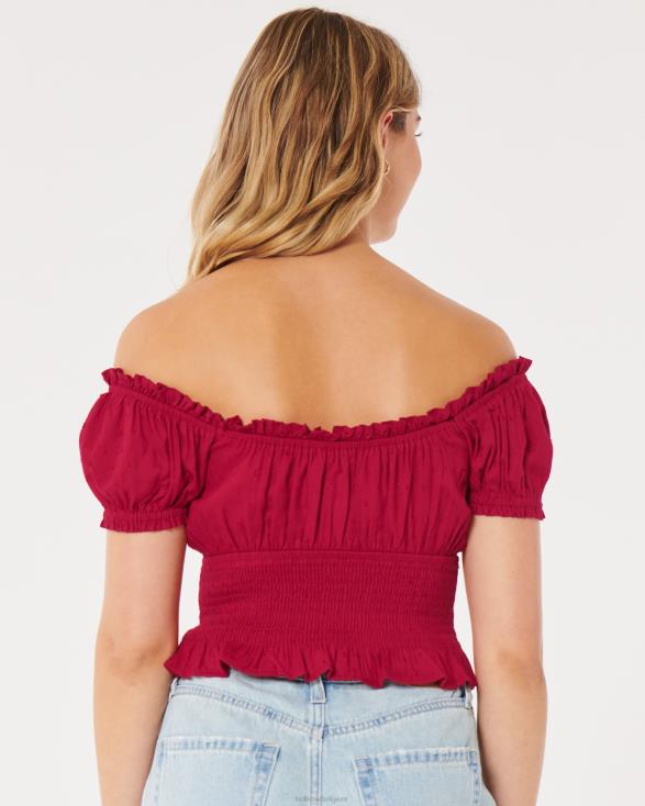 on of off-shoulder gesmokte taille top rood vrouwen Hollister toppen 06JX184