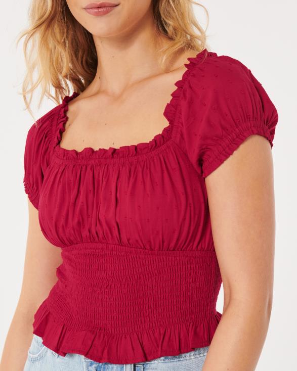 on of off-shoulder gesmokte taille top rood vrouwen Hollister toppen 06JX184