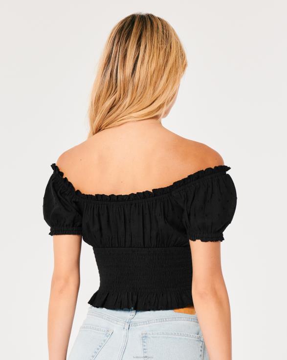 on of off-shoulder gesmokte taille top zwart vrouwen Hollister toppen 06JX107