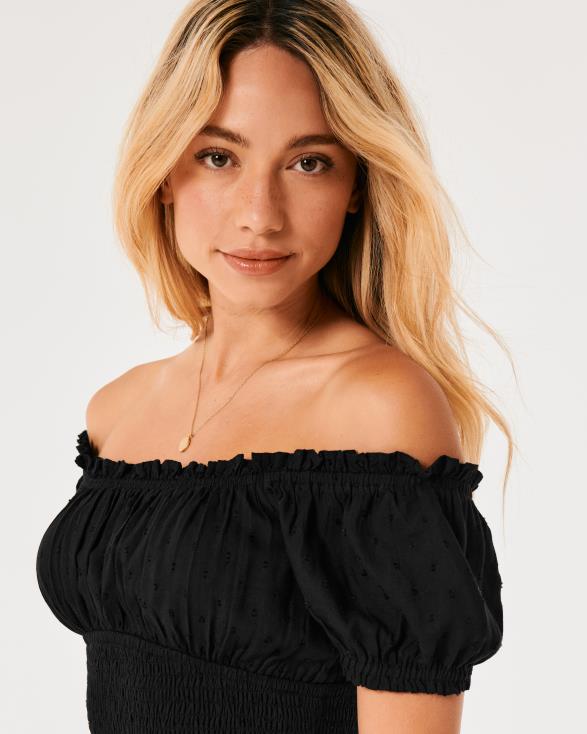 on of off-shoulder gesmokte taille top zwart vrouwen Hollister toppen 06JX107