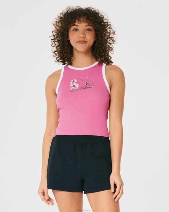 geribbelde tanktop met Hawaï-afbeelding en hoge halslijn roze vrouwen Hollister toppen 06JX291