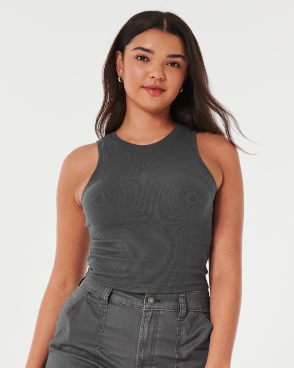 geribbelde tanktop met hoge hals donker grijs vrouwen Hollister toppen 06JX33