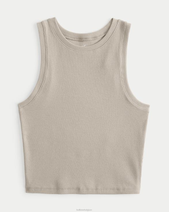 geribbelde tanktop met hoge hals taupe vrouwen Hollister toppen 06JX55