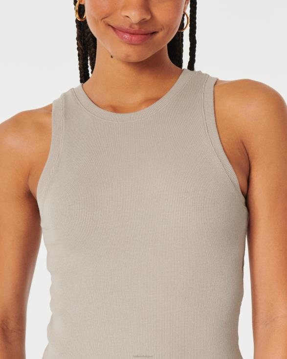 geribbelde tanktop met hoge hals taupe vrouwen Hollister toppen 06JX55