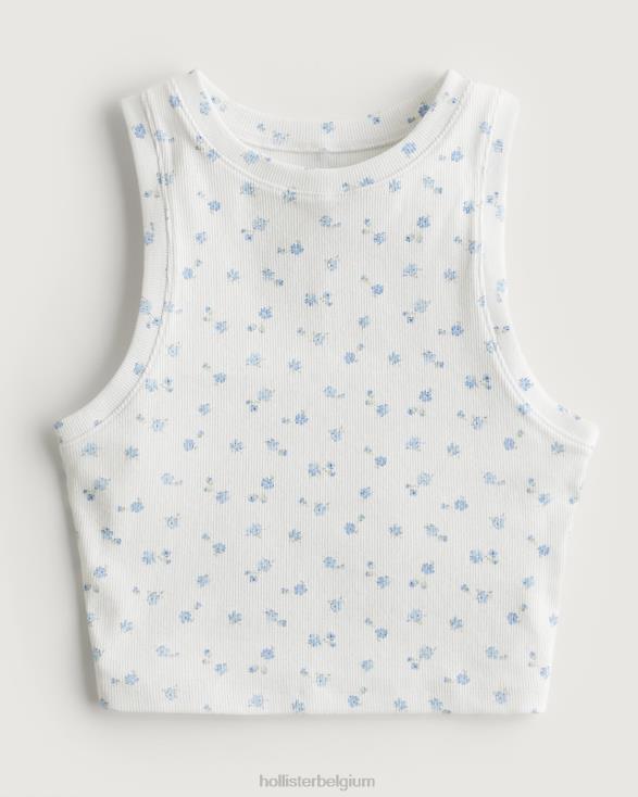 geribbelde tanktop met hoge hals wit met blauwe bloemen vrouwen Hollister toppen 06JX237
