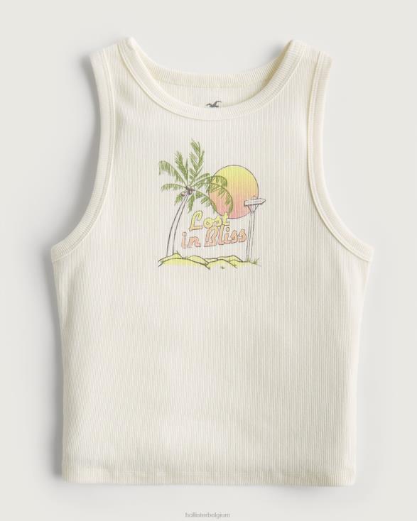 geribbelde tanktop met strandprint en hoge halslijn room vrouwen Hollister toppen 06JX308