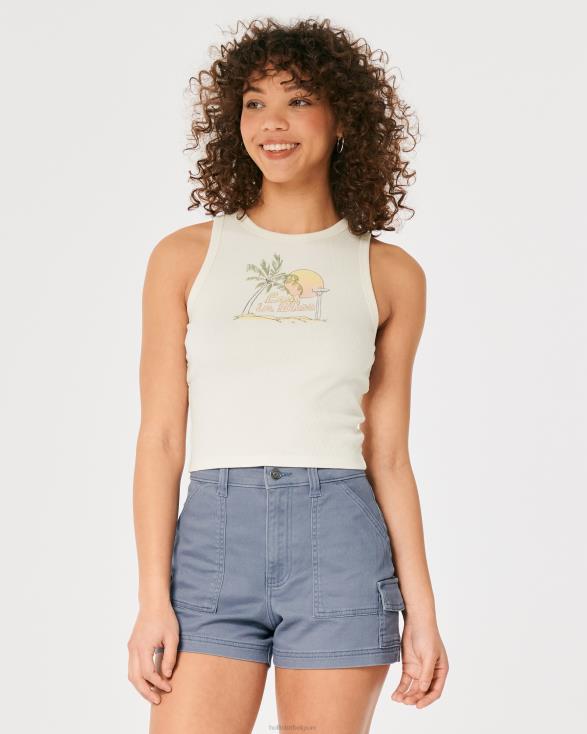 geribbelde tanktop met strandprint en hoge halslijn room vrouwen Hollister toppen 06JX308