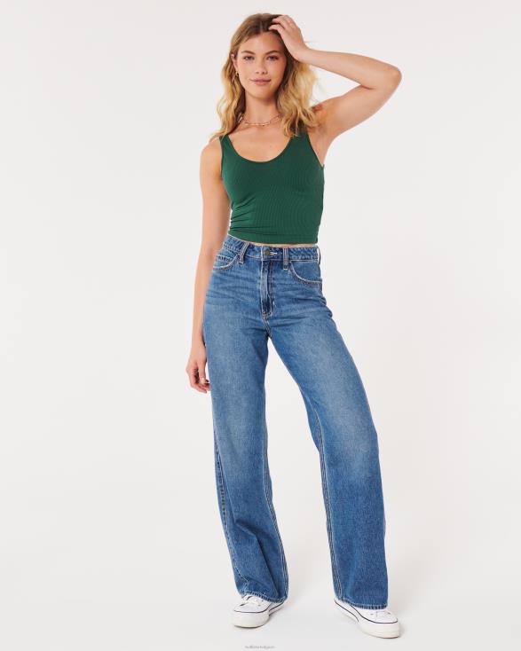 geribbelde tanktop met v-hals van naadloze stof donkergroen vrouwen Hollister toppen 06JX42