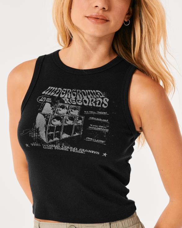 geribbelde underground platen grafische tank zwart vrouwen Hollister toppen 06JX56