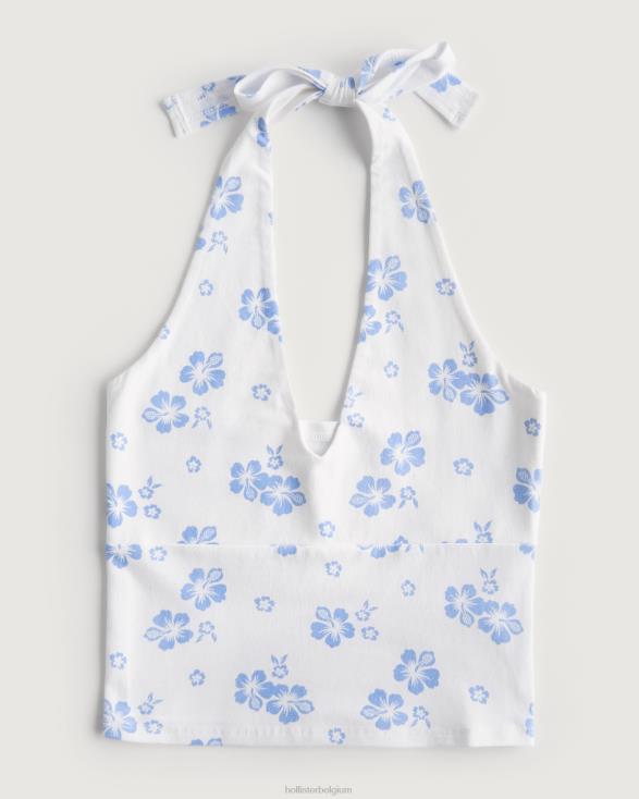 haltertop met v-hals witte bloemen vrouwen Hollister toppen 06JX199