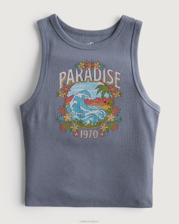 hooggesloten geribbelde paradise graphic tanktop blauw vrouwen Hollister toppen 06JX265