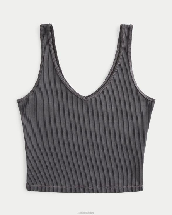 naadloze tanktop met v-hals van geribbelde stof donker grijs vrouwen Hollister toppen 06JX27