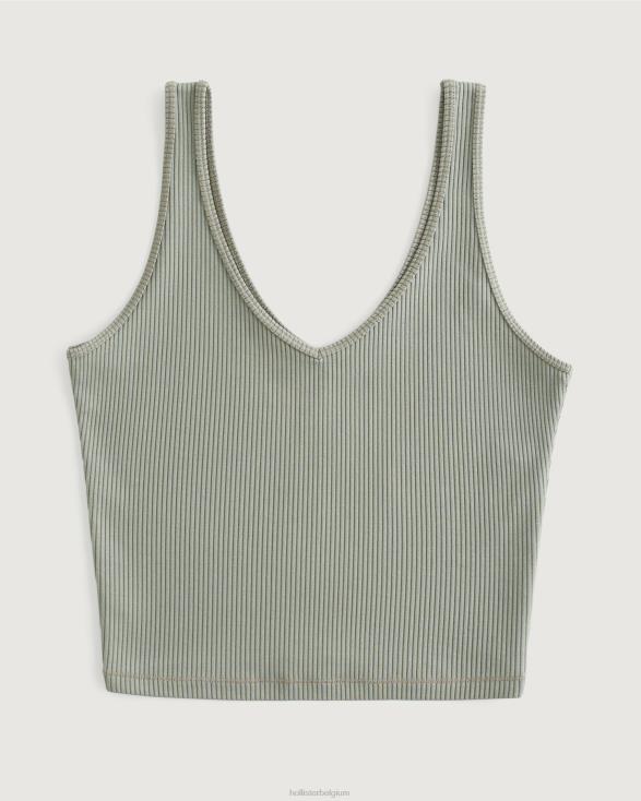 naadloze tanktop met v-hals van geribbelde stof olijfgroen vrouwen Hollister toppen 06JX15