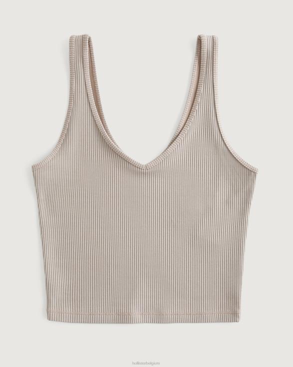 naadloze tanktop met v-hals van geribbelde stof taupe vrouwen Hollister toppen 06JX32