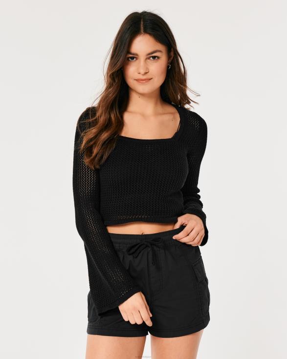 gehaakte trui met vierkante hals en lange mouwen zwart vrouwen Hollister toppen 06JX323