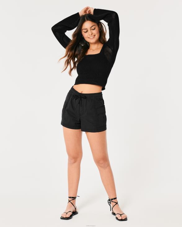 gehaakte trui met vierkante hals en lange mouwen zwart vrouwen Hollister toppen 06JX323